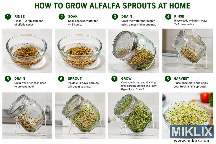 Landscape infographic showing the step-by-step process of growing alfalfa sprouts at home using a glass jar, from rinsing and soaking seeds to harvesting fresh green sprouts.
