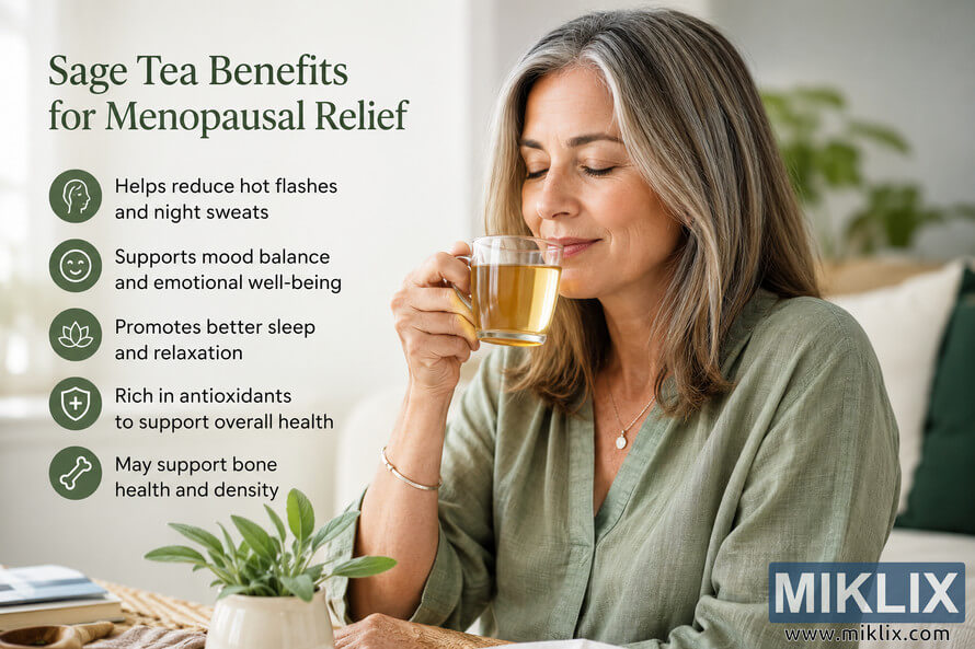 Middle-aged woman peacefully drinking a warm cup of sage tea in a bright living room, accompanied by an informational panel explaining the wellness benefits of sage tea for menopausal relief, including support for hot flashes, mood balance, sleep, antioxidants, and bone health. Middle-aged woman peacefully drinking a warm cup of sage tea in a bright living room, accompanied by an informational panel explaining the wellness benefits of sage tea for menopausal relief, including support for hot flashes, mood balance, sleep, antioxidants, and bone health.