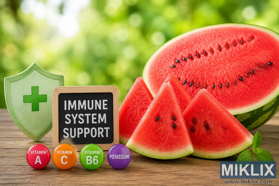 A bright, landscape-oriented health-themed image featuring fresh watermelon slices on a wooden table with a green shield icon, a chalkboard displaying the words "IMMUNE SYSTEM SUPPORT," and colorful nutrient icons representing vitamins and potassium against a softly blurred green outdoor background. A bright, landscape-oriented health-themed image featuring fresh watermelon slices on a wooden table with a green shield icon, a chalkboard displaying the words "IMMUNE SYSTEM SUPPORT," and colorful nutrient icons representing vitamins and potassium against a softly blurred green outdoor background.