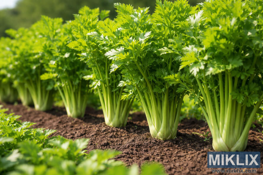 RÃ¶Ã° af heilbrigÃ°um grÃ¦num sellerÃ­plÃ¶ntum sem vaxa upprÃ©ttar Ã­ dÃ¶kkri garÃ°mold undir nÃ¡ttÃºrulegu sÃ³larljÃ³si