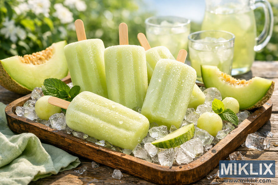 Frozen honeydew popsicles on a tray of crushed ice surrounded by melon slices and mint leaves outdoors on a sunny summer day. Frozen honeydew popsicles on a tray of crushed ice surrounded by melon slices and mint leaves outdoors on a sunny summer day.