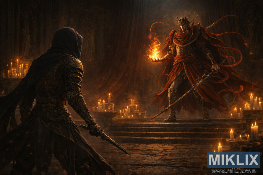 Realistic fantasy fan art showing the Tarnished on the left facing a towering Messmer the Impaler holding a flame inside a candlelit stone hall