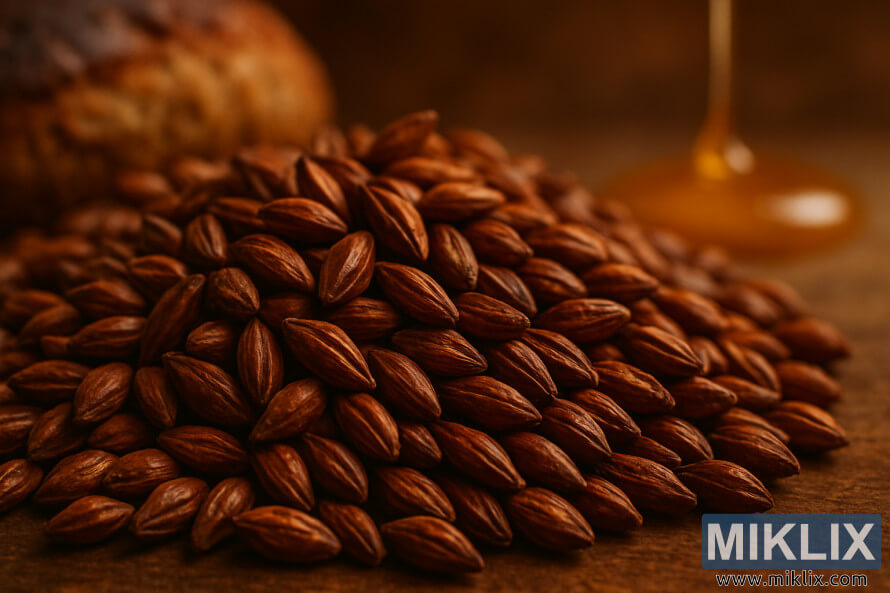 Prim-plan al boabelor de malÈ melanoidinÄ cu nuanÈÄ roÈiaticÄ-brunÄ Èi texturÄ prÄjitÄ Ã®n luminÄ caldÄ.