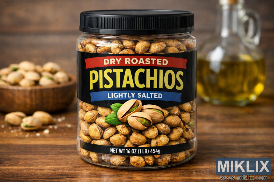 Landscape photo of a clear cylindrical container filled with dry roasted lightly salted pistachios on a wooden surface, with a bold black label and rustic background elements including a small wooden bowl of pistachios and a glass bottle of oil. Landscape photo of a clear cylindrical container filled with dry roasted lightly salted pistachios on a wooden surface, with a bold black label and rustic background elements including a small wooden bowl of pistachios and a glass bottle of oil.