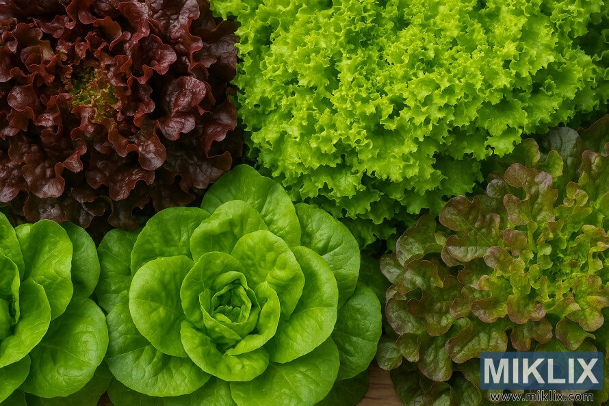 Close-up of four loose-leaf lettuce types showing varied colors and textures