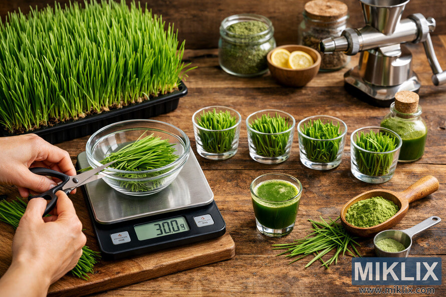 Hands trimming fresh wheatgrass on a kitchen scale with pre-portioned glass containers and a shot of wheatgrass juice on a wooden counter. Hands trimming fresh wheatgrass on a kitchen scale with pre-portioned glass containers and a shot of wheatgrass juice on a wooden counter.