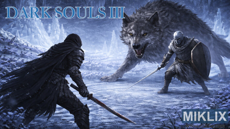Dark fantasy fan art of the Ashen One in shadow armor confronting the Champion’s Gravetender and a giant wolf in an icy cavern. Dark fantasy fan art of the Ashen One in shadow armor confronting the Champion’s Gravetender and a giant wolf in an icy cavern.