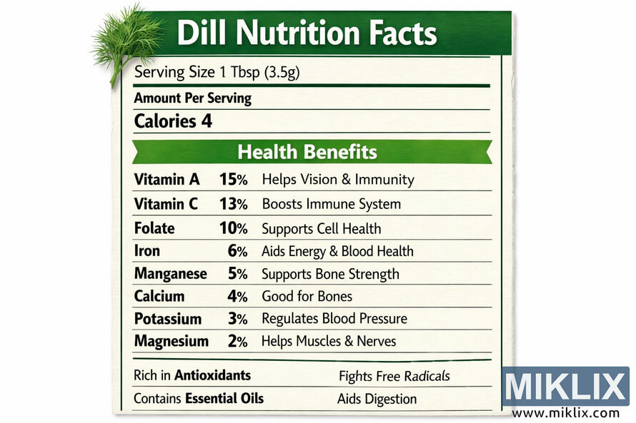 Landscape nutrition facts label for dill showing serving size, calories, vitamins, minerals, and health benefits on a white background with a green title banner and a sprig of dill illustration. Landscape nutrition facts label for dill showing serving size, calories, vitamins, minerals, and health benefits on a white background with a green title banner and a sprig of dill illustration.