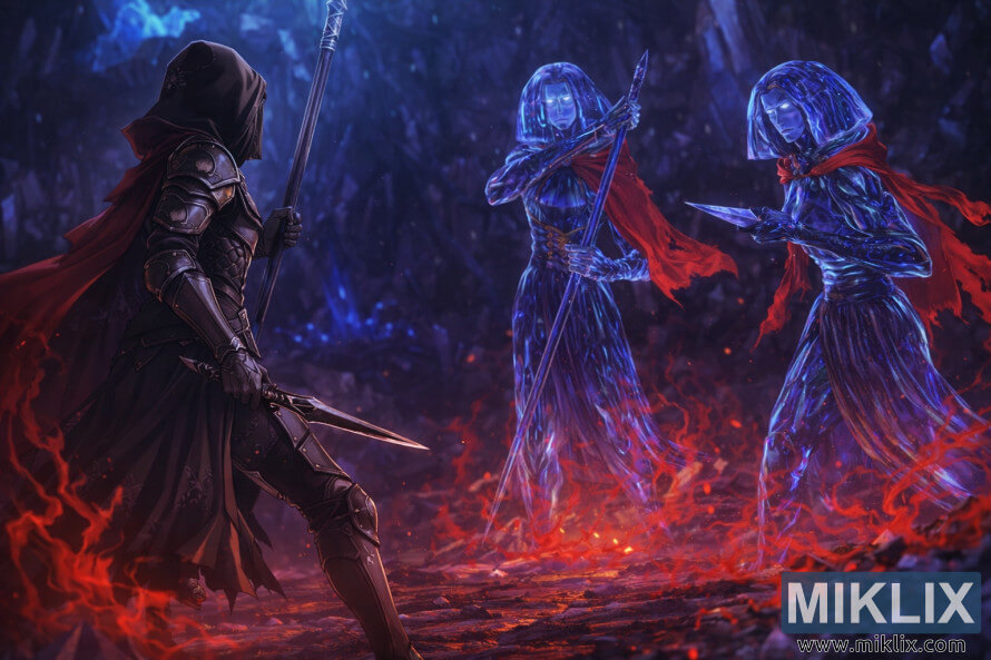 Anime-style fan art of the Tarnished in Black Knife armor cautiously facing two crystalline Crystalian bosses inside the glowing Academy Crystal Cave in Elden Ring, moments before combat begins.