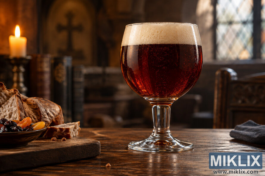 Dark amber Belgian-style dubbel with a tan foam head in a stemmed goblet on a rustic wooden table, with bread, dried fruit, and candlelight. Dark amber Belgian-style dubbel with a tan foam head in a stemmed goblet on a rustic wooden table, with bread, dried fruit, and candlelight.