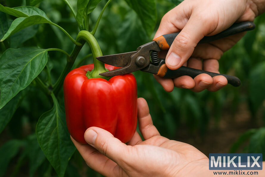 Hands cutting a ripe red bell pepper from the plant using pruning shears.