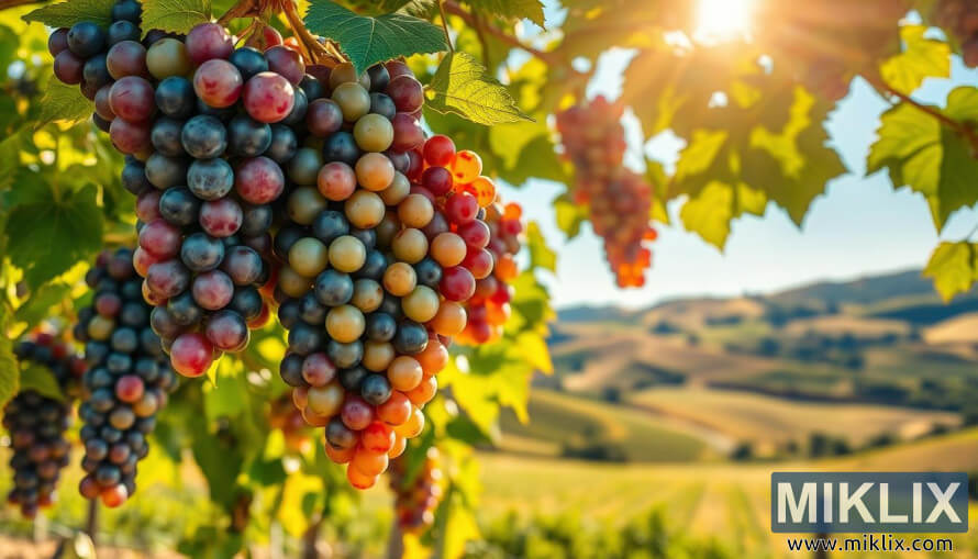 Grozdi zrelega grozdja v vijoliÄni, zeleni in rdeÄi barvi na sonÄnih trtah.