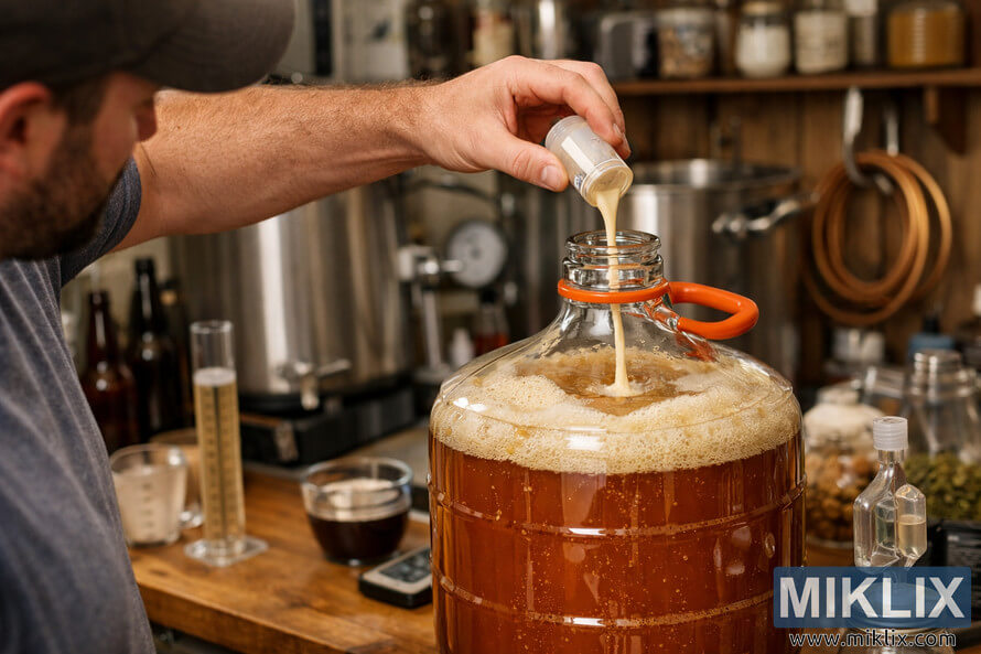 Homebrewer pouring liquid yeast into a glass fermentation vessel filled with amber California-style ale in a traditional American homebrewing setup.