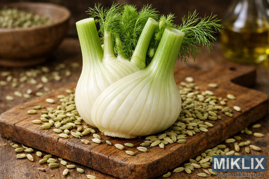 Fresh fennel bulb with green fronds resting on a wooden cutting board surrounded by fennel seeds. Fresh fennel bulb with green fronds resting on a wooden cutting board surrounded by fennel seeds.