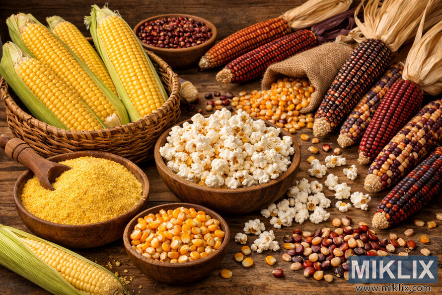 A detailed photograph showing sweet corn, popcorn, cornmeal, and dried multicolored corn arranged on a rustic wooden table. A detailed photograph showing sweet corn, popcorn, cornmeal, and dried multicolored corn arranged on a rustic wooden table.