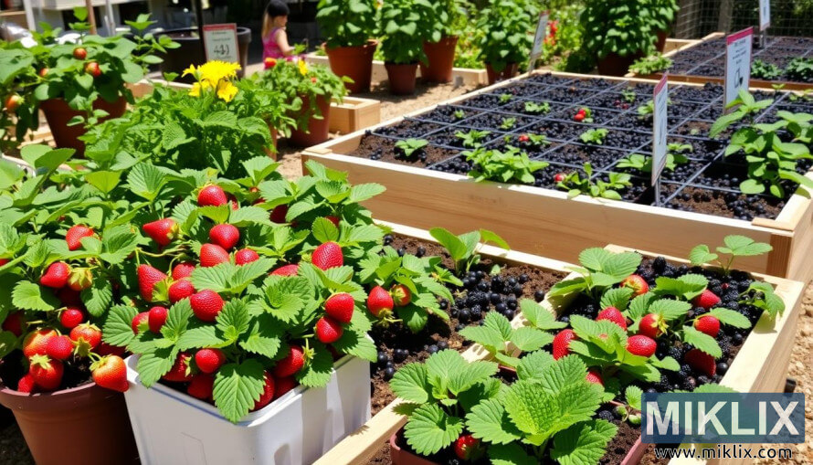 Lush berry garden with strawberries and dark berries thriving in raised beds under sunlight.