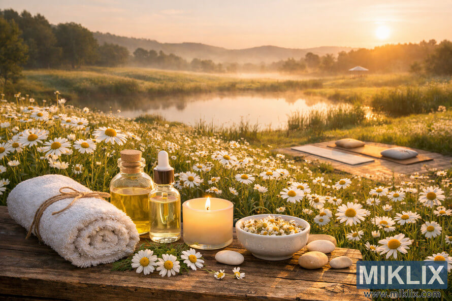 A serene countryside wellness scene featuring chamomile flowers, a candle, essential oils, and a towel on a wooden surface overlooking a pond at sunrise.