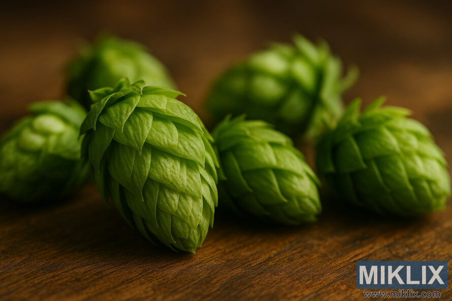 Detaljan krupni plan Å¾ivahnih zelenih ÄeÅ¡era hmelja Vanguard koji leÅ¾e na rustikalnoj drvenoj povrÅ¡ini i njeÅ¾no svjetlucaju pod toplim, difuznim svjetlom.