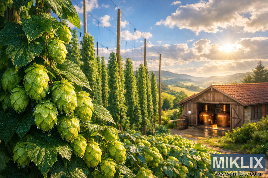 Lush Nadwislanska hop farm with dew-covered hop cones, wooden trellises, rolling hills, and a rustic brewery with copper kettles under a sunny blue sky.