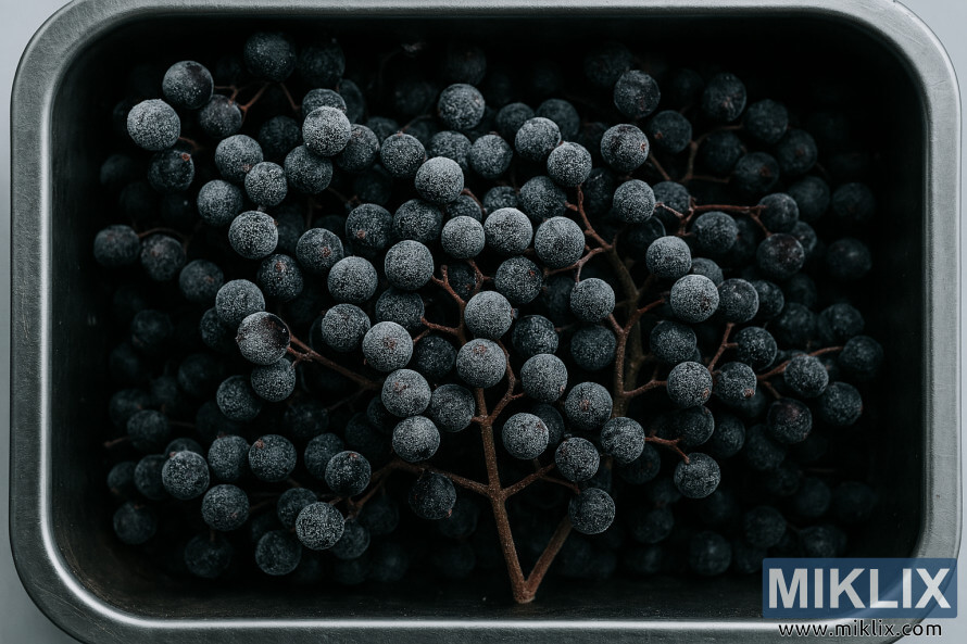 Tutup-up tina elderberries beku dina wadahna stainless steel kalawan frosty batang