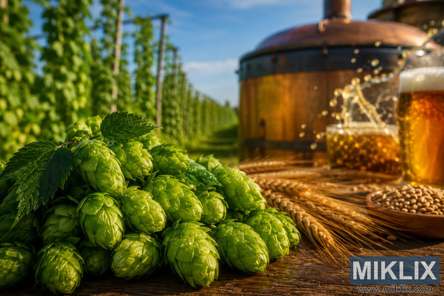 Close-up of fresh Lubelska hop cones covered in morning dew beside golden barley and splashes of beer, with a rustic brewing kettle and sunlit hop field softly blurred in the background under a clear blue sky. Close-up of fresh Lubelska hop cones covered in morning dew beside golden barley and splashes of beer, with a rustic brewing kettle and sunlit hop field softly blurred in the background under a clear blue sky.