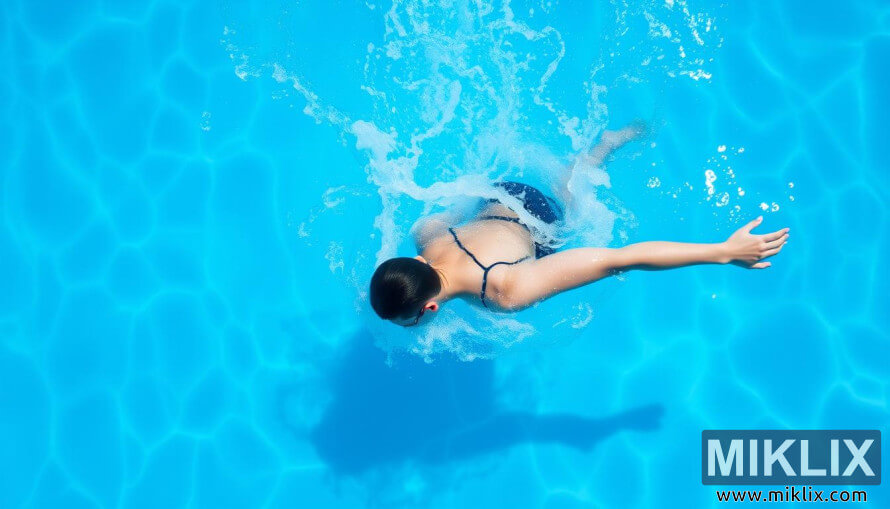 Swimmer in dark swimsuit gliding through a bright blue pool with ripples and sunlight reflections.