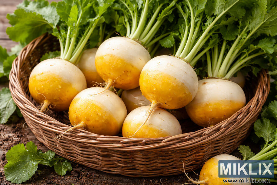 Fresh Golden Ball white globe turnips with green leaves arranged in a wicker basket on a rustic wooden surface