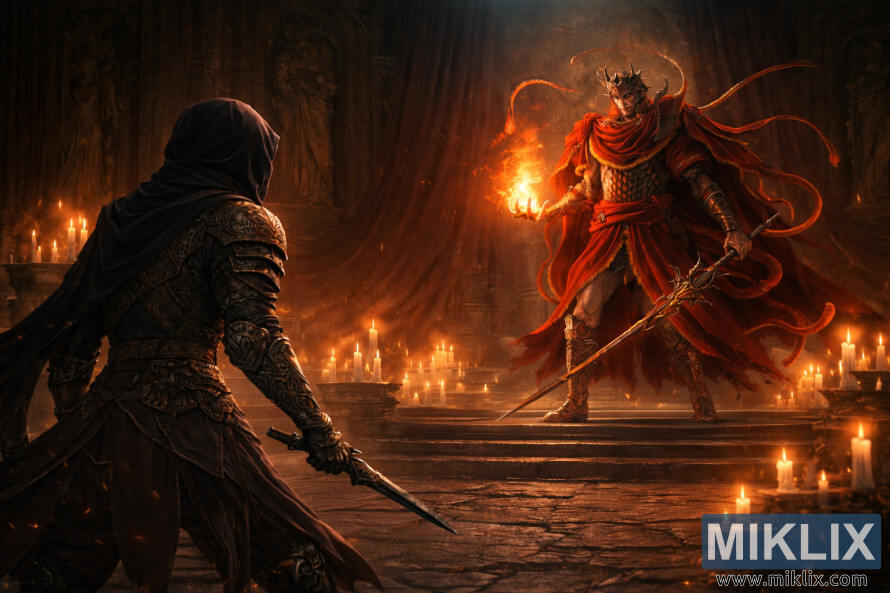 Anime-style fan art showing the Tarnished on the left facing a much larger Messmer the Impaler holding a flame inside the candlelit Shadow Keep