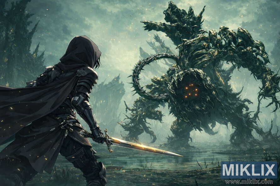 Anime-style fan art showing the Tarnished in Black Knife armor holding a sword while cautiously approaching the Scadutree Avatar boss in the misty Scadutree Base, moments before combat.