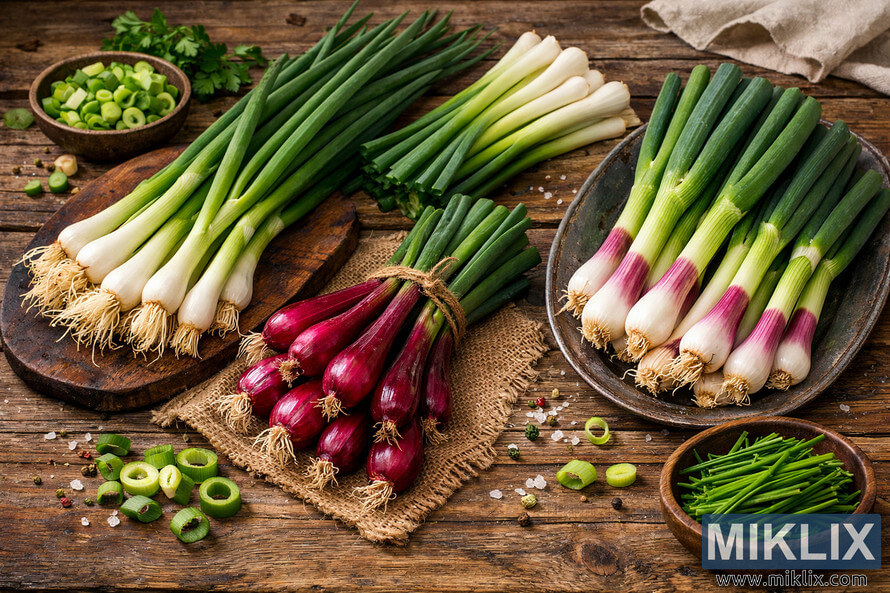 Landscape photo of several scallion varieties arranged on a rustic wooden table, including green, red, and purple-tinted scallions with sliced rings, herbs, bowls, and kitchen styling details.