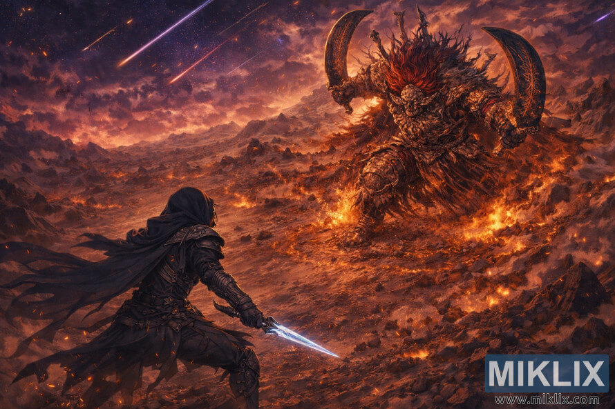 Isometric anime-style view of the Tarnished in Black Knife armor facing Starscourge Radahn across a fiery battlefield with meteors overhead.