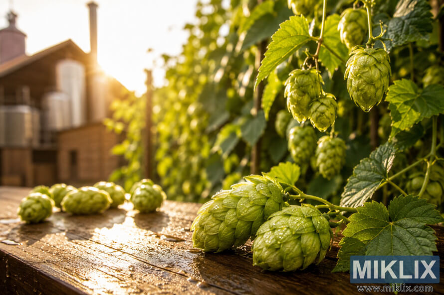 Landscape photograph of fresh Brambling hop cones with morning dew on a wooden brewery table, lush hop vines climbing a trellis in warm golden sunlight, and a softly blurred rustic brewery in the background, highlighting detailed botanical features and a fresh agricultural atmosphere. Landscape photograph of fresh Brambling hop cones with morning dew on a wooden brewery table, lush hop vines climbing a trellis in warm golden sunlight, and a softly blurred rustic brewery in the background, highlighting detailed botanical features and a fresh agricultural atmosphere.