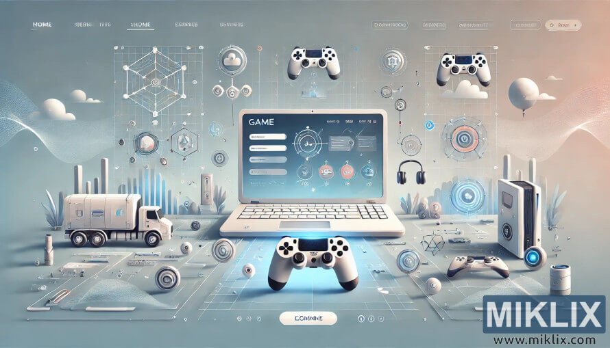 Laptop with game interface, controllers, console, and headset in a futuristic gaming illustration. Laptop with game interface, controllers, console, and headset in a futuristic gaming illustration.