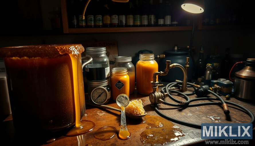 RÃ¶rig bryggdisk med spilld honung, trasig hydrometer och stÃ¶kig utrustning.