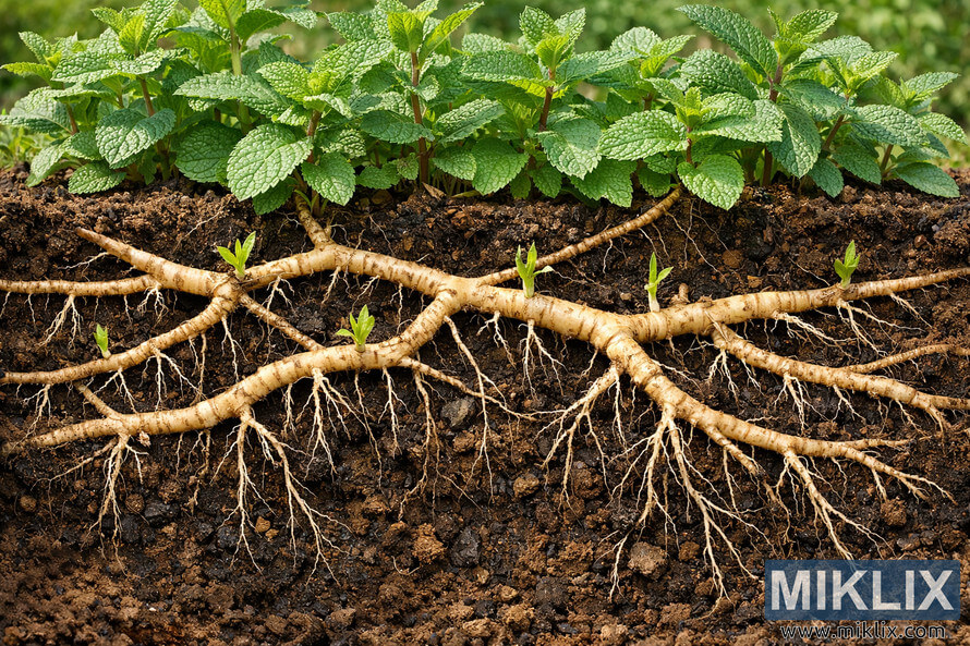 Cross-section of soil showing mint plants above ground and an extensive network of horizontal rhizomes and fibrous roots spreading underground.