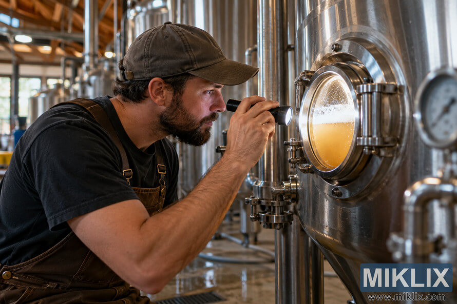 Brewer shines a flashlight through a stainless-steel fermenter's viewing port to inspect cloudy golden liquid and foam inside. Brewer shines a flashlight through a stainless-steel fermenter's viewing port to inspect cloudy golden liquid and foam inside.