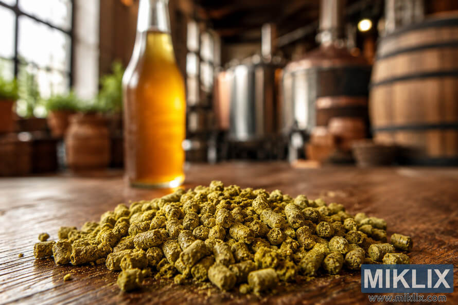 Close-up of yellow-green Lubelska hop pellets on a polished wooden brewery table with soft natural lighting, a blurred beer bottle in the background, and cozy brewing equipment out of focus. Close-up of yellow-green Lubelska hop pellets on a polished wooden brewery table with soft natural lighting, a blurred beer bottle in the background, and cozy brewing equipment out of focus.