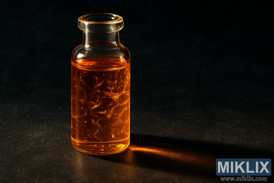 Krupni plan prozirne staklene boÄice napunjene viskoznim zlatno-jantarnim uljem hmelja na tamnoj teksturiranoj pozadini, s dramatiÄnim sjenama i istaknutim dijelovima. Krupni plan prozirne staklene boÄice napunjene viskoznim zlatno-jantarnim uljem hmelja na tamnoj teksturiranoj pozadini, s dramatiÄnim sjenama i istaknutim dijelovima.