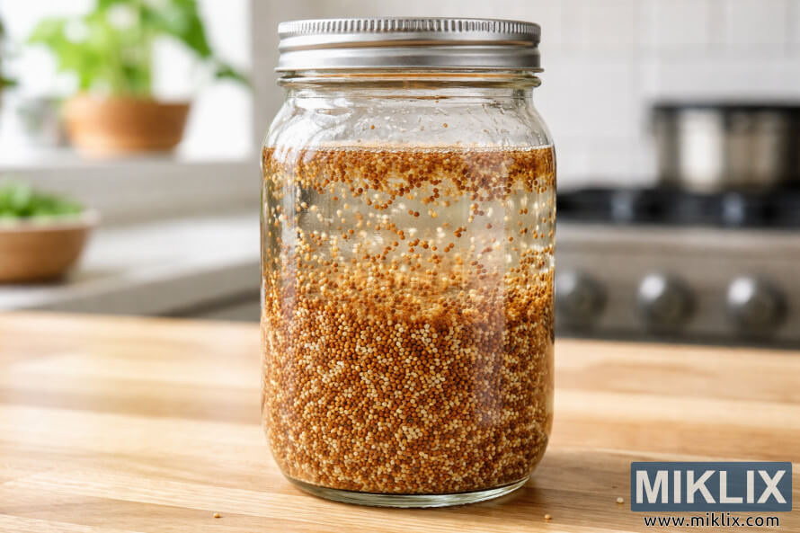 Un bocal en verre rempli d'eau et contenant des graines de luzerne en trempage, posÃ© sur une surface en bois, sur fond de cuisine lÃ©gÃ¨rement flou.