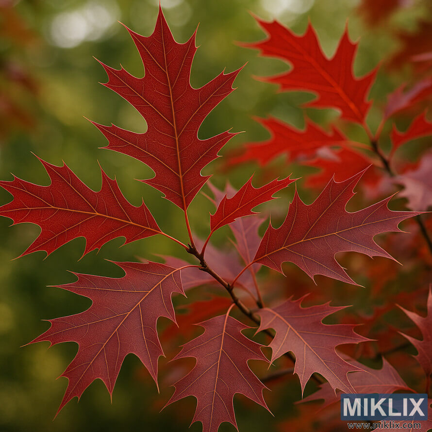 Gros plan de feuilles de chÃªne rouge vif avec des lobes pointus et des nervures fines.