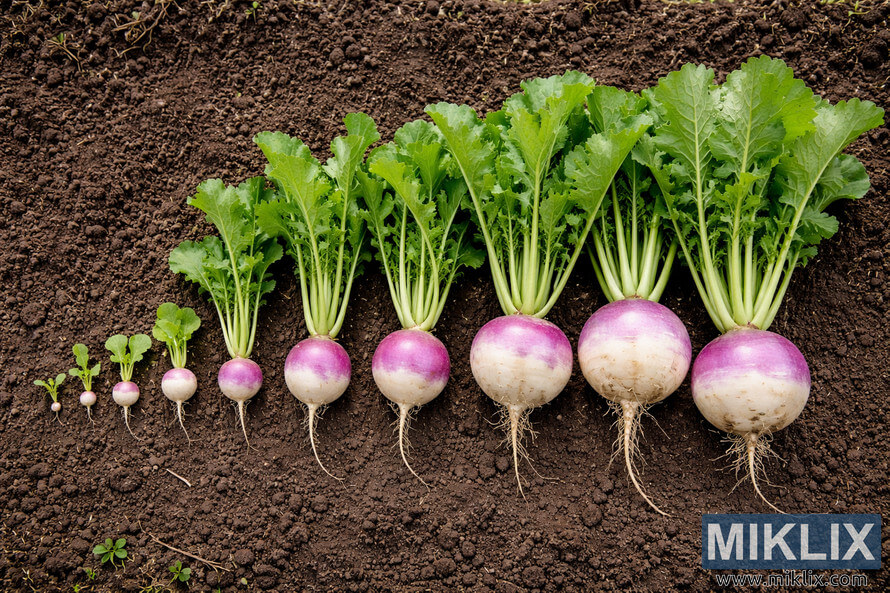 Row of freshly harvested turnips arranged by size from seedlings to mature roots on dark garden soil