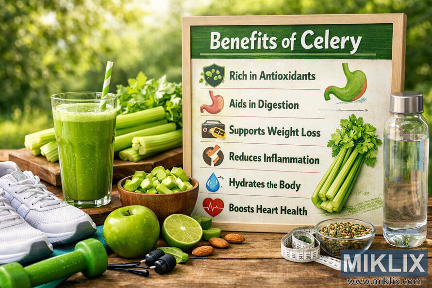 Healthy lifestyle scene with celery juice, fresh celery, fitness gear, and a benefits board outdoors.