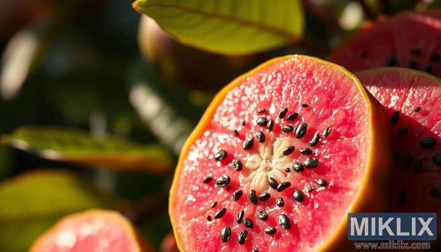 DetailnÃ­ zÃ¡bÄr na plÃ¡tky guavy s zÃ¡ÅivÄ rÅ¯Å¾ovou duÅ¾inou a ÄernÃ½mi semÃ­nky pod teplÃ½m pÅirozenÃ½m osvÄtlenÃ­m proti rozmazanÃ½m zelenÃ½m listÅ¯m.