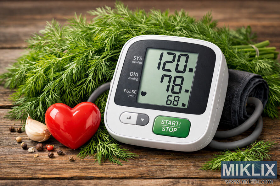 A digital blood pressure monitor surrounded by fresh dill, a red heart, garlic, and peppercorns on a wooden surface, representing natural heart health benefits. A digital blood pressure monitor surrounded by fresh dill, a red heart, garlic, and peppercorns on a wooden surface, representing natural heart health benefits.