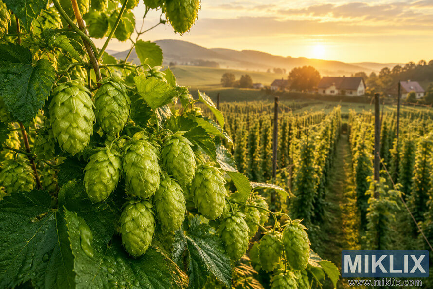 Close-up illustration of lush Precoce de Bourgogne hops covered in morning dew in the foreground, with rows of trellised hop vines stretching across a peaceful countryside landscape at sunrise, surrounded by rolling hills and traditional farmhouses.