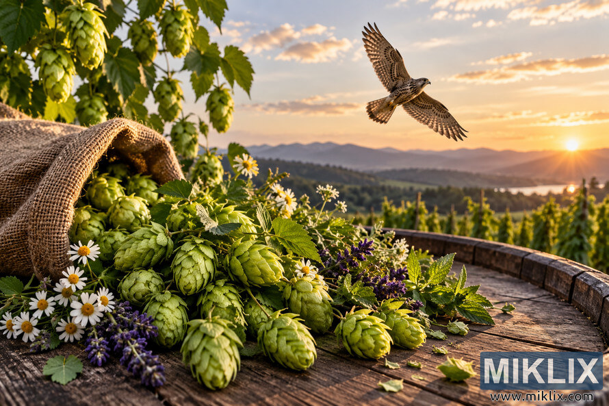 Fresh green hop cones, herbs, white and purple flowers spill from a burlap sack onto rustic wood at sunset, with a raptor soaring above distant hills, mountains, and water. Fresh green hop cones, herbs, white and purple flowers spill from a burlap sack onto rustic wood at sunset, with a raptor soaring above distant hills, mountains, and water.