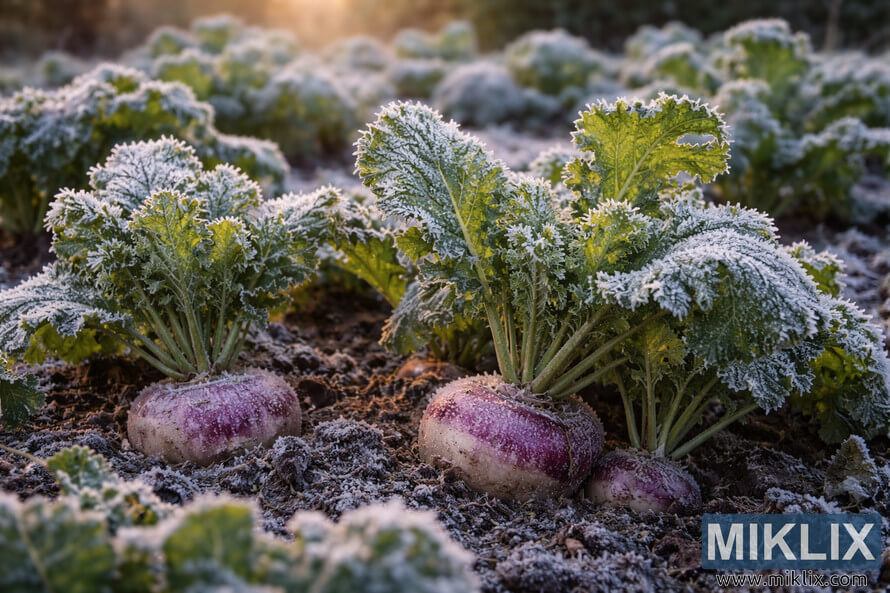 Frost-covered turnip plants in a garden bed glowing in soft early morning sunlight.