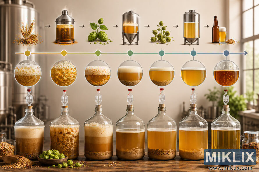Detailed landscape illustration of a Witbier brewing fermentation timeline featuring glass carboys with bubbling fermentation stages, yeast sediment layers, hops and grain elements, stainless steel brewing vessels, and a warm artisanal brewery environment with soft natural lighting.