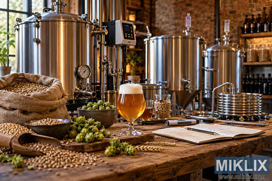 Advanced stainless-steel homebrewing equipment behind a rustic table with golden beer, hops, malt grain, brewing tools, and an open notebook. Advanced stainless-steel homebrewing equipment behind a rustic table with golden beer, hops, malt grain, brewing tools, and an open notebook.