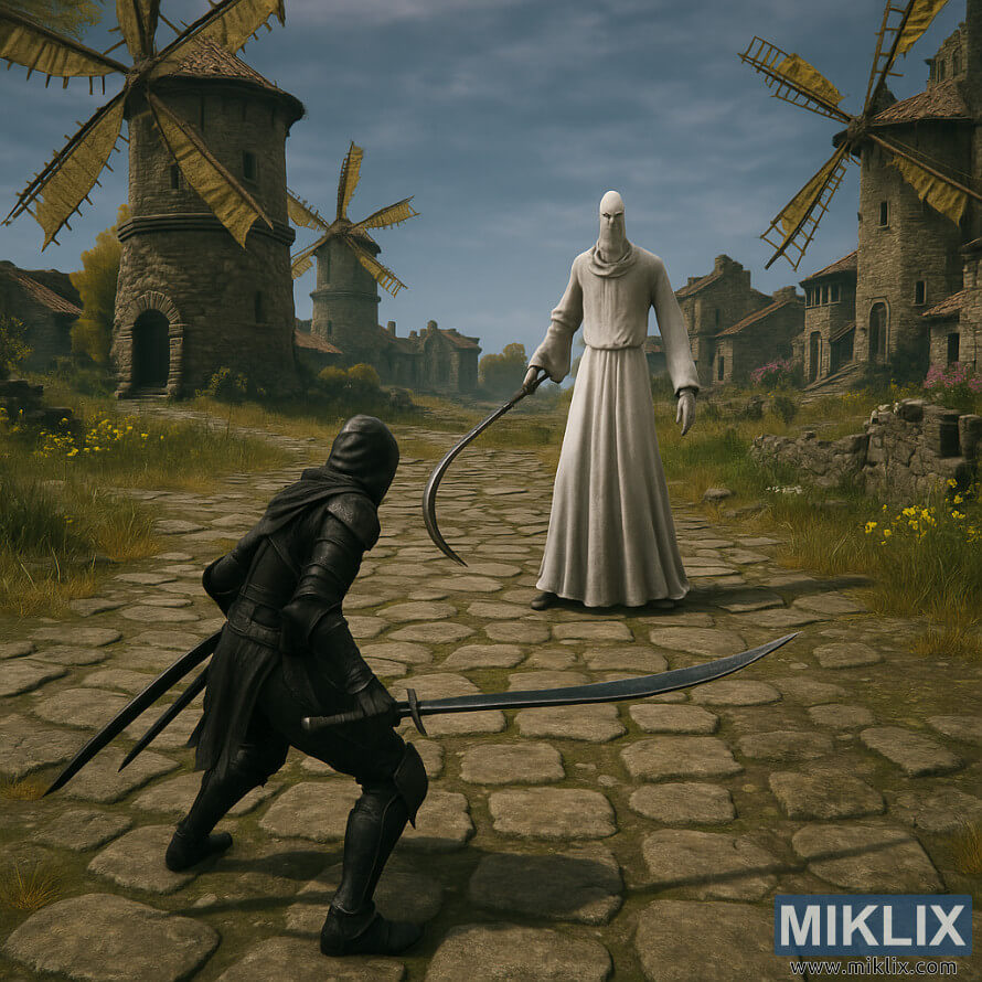 Art tifoz i Elden Ring qÃ« tregon armaturÃ«n e Tarnished in Black ThikÃ« pÃ«rballÃ« njÃ« Apostulli tÃ« gjatÃ« e tÃ« hollÃ« Godskin qÃ« mban nÃ« dorÃ« qÃ«ruesin Godskin nÃ« Fshatin Dominula Windmill.